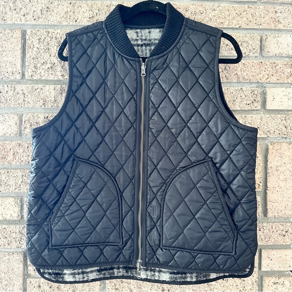 Black nylon / plaid wool reversible vest